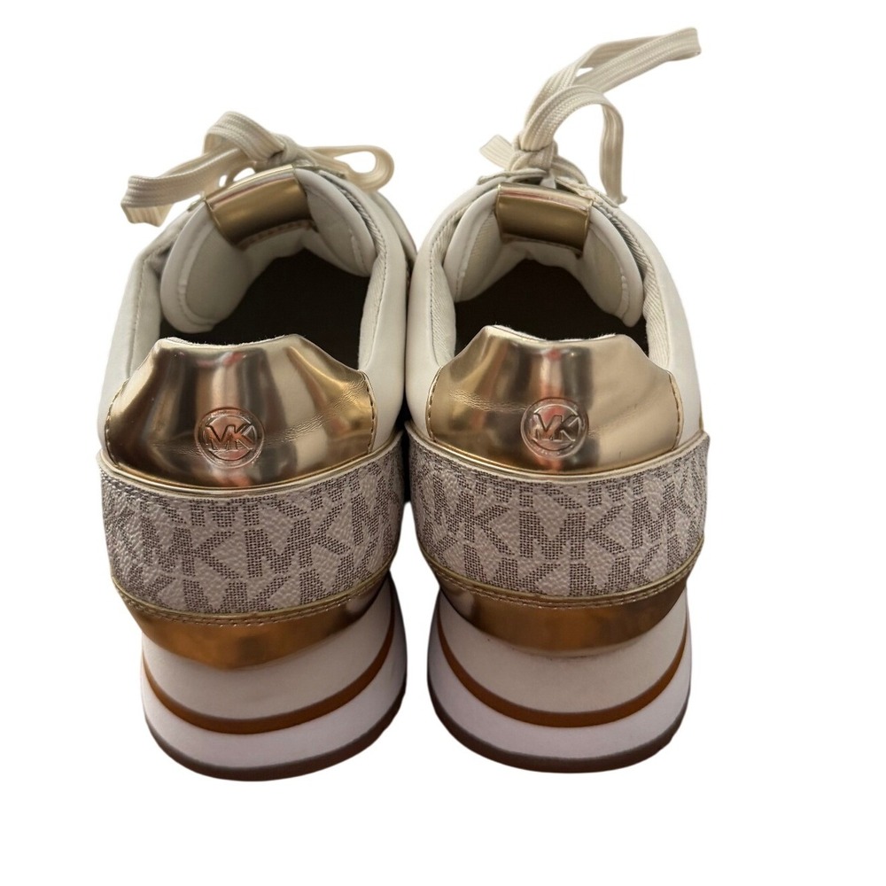 Michael Kors Maddy Mixed Media Sneakers Vanilla Gold Logo Monogram 7.5M NWOB - Picture 5 of 9